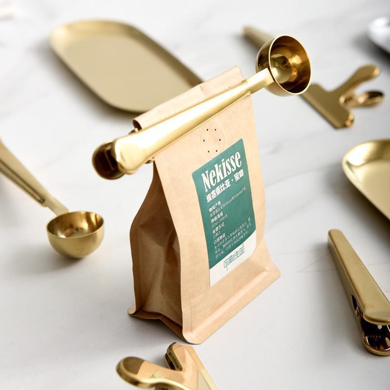 Two-in-one Coffee Pinch Spoon Northern Europe Style Golden Stainless Steel Seal Mix Coffee Bean